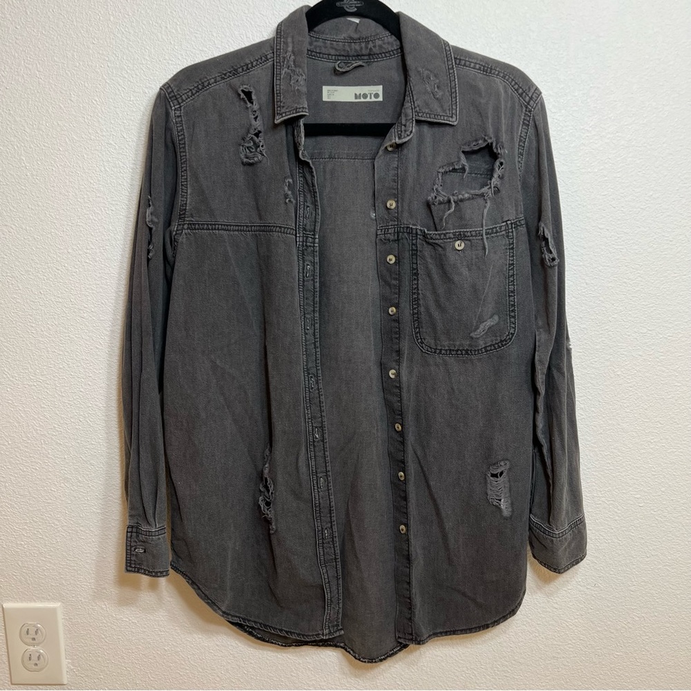 Topshop distressed black denim button down